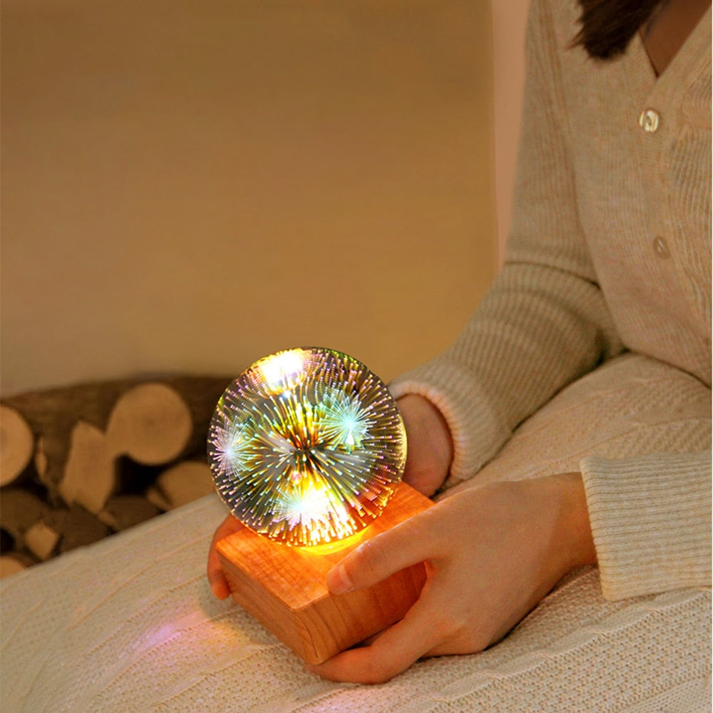 USB Magic Glass Ball LED Night Light with Wood Base